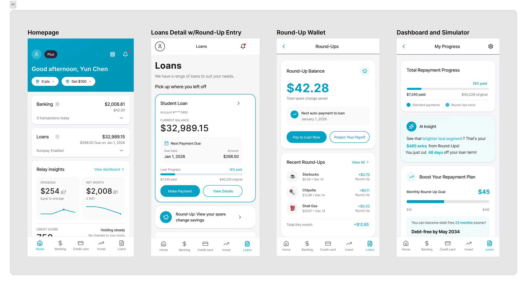 V1 iteration — 4 screens